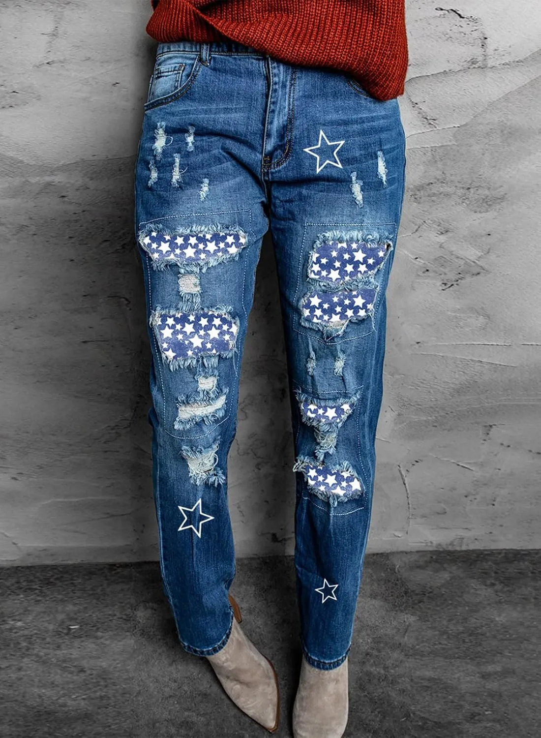 EVALESS Ripped Jeans for Women Plaid Patch Boyfriend Skinny Distressed Denim Jean Pants