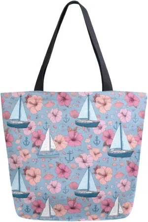 Extra Large Shoulder Tote Bag for Beach Travel Weekender Gym Sailboat Shellfish Flower Pattern Pink Reusable Grocery Canvas Shopping Bag