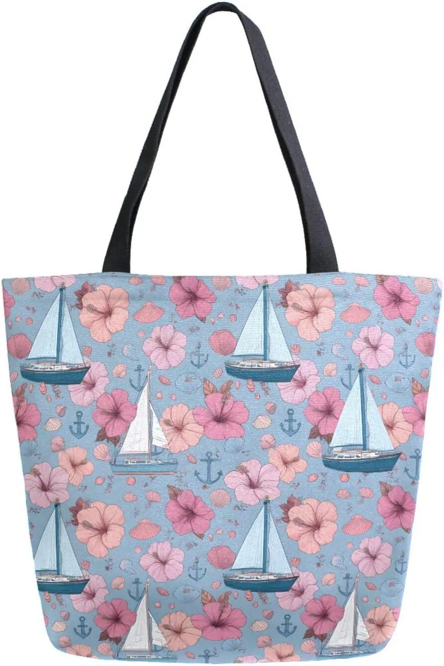 Extra Large Shoulder Tote Bag for Beach Travel Weekender Gym Sailboat Shellfish Flower Pattern Pink Reusable Grocery Canvas Shopping Bag