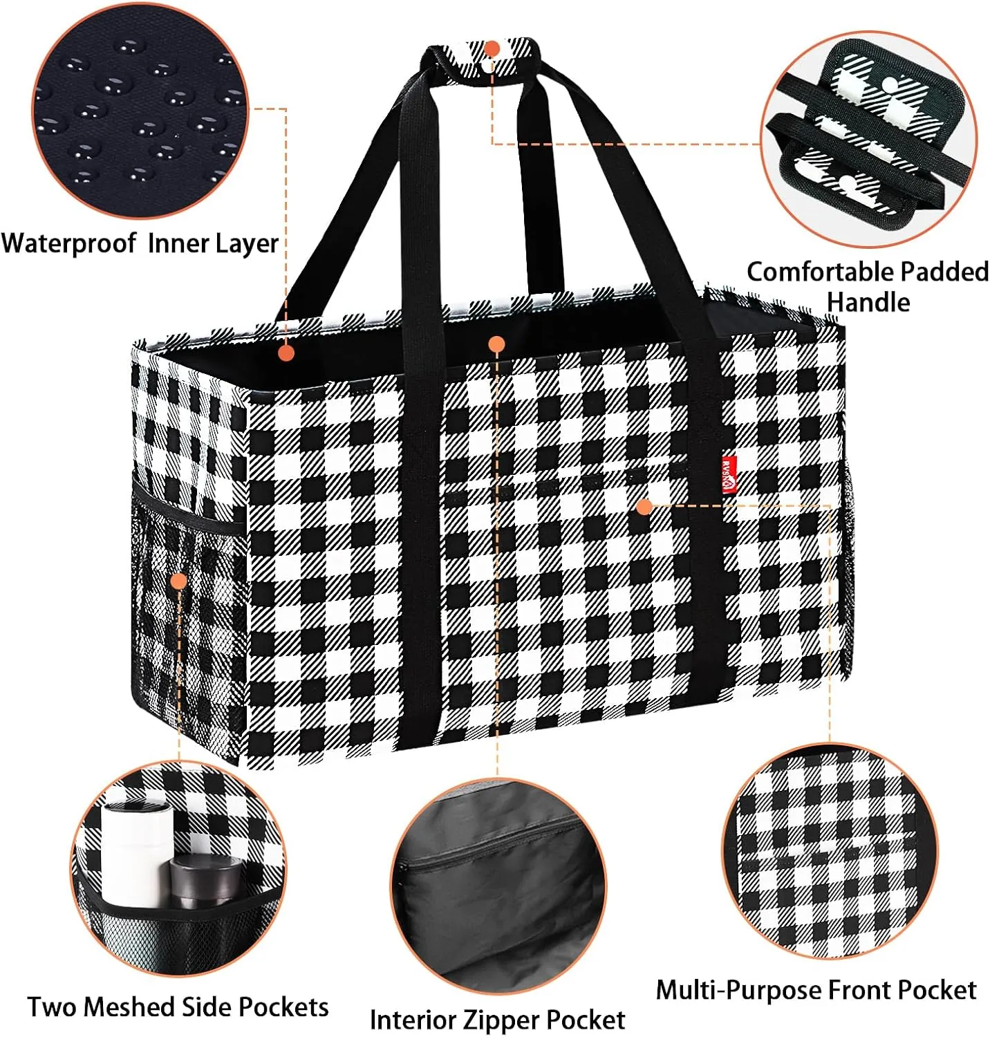 Extra Large Utility Tote Bag, Foldable Reusable Grocery Bags with Metal Wire Frame & Reinforced Bottom Board, Stand up Large Utility Tote for Groceries, Beach Bag, Laundry, Car (Cube Plaid)