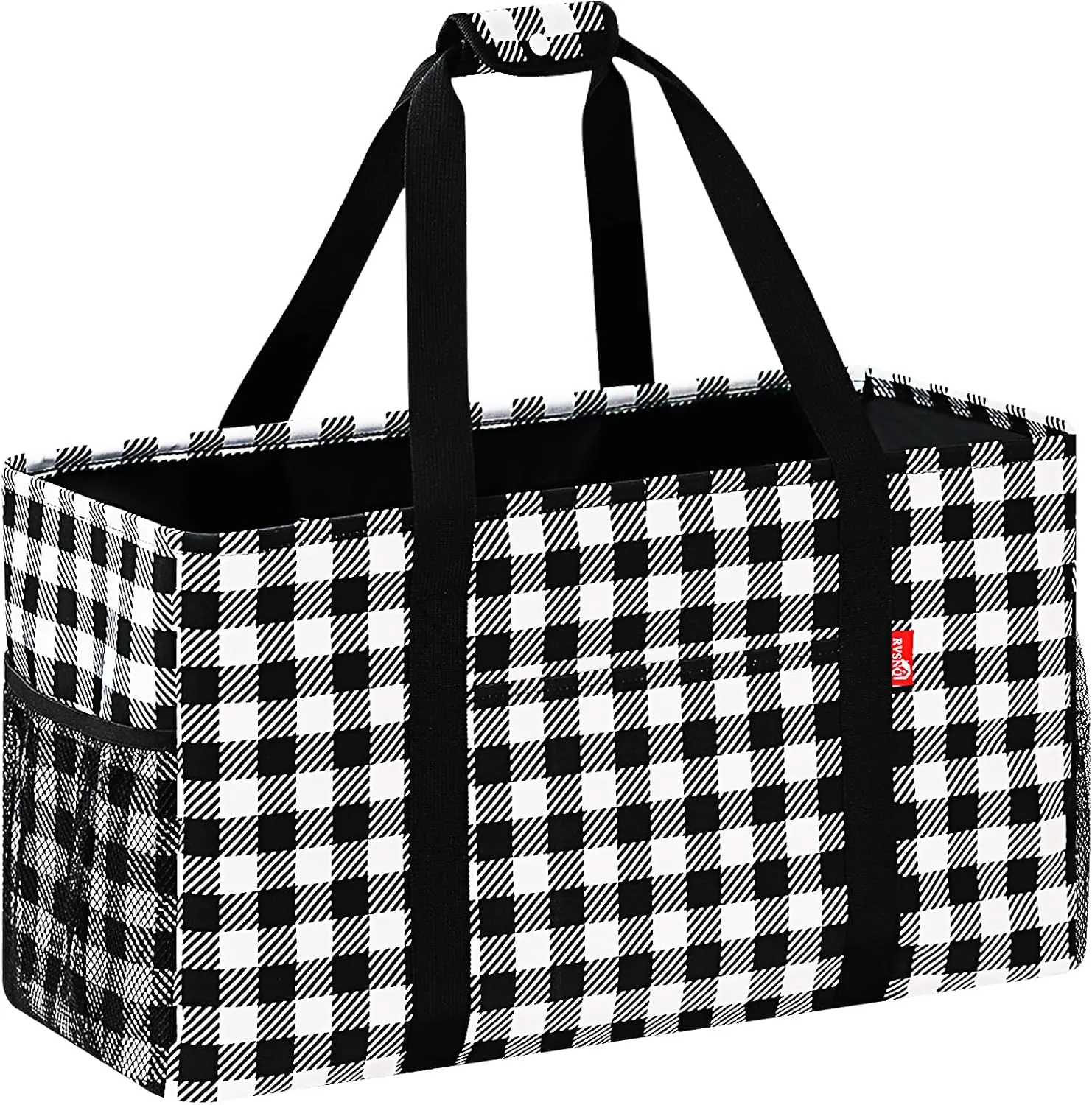 Extra Large Utility Tote Bag, Foldable Reusable Grocery Bags with Metal Wire Frame & Reinforced Bottom Board, Stand up Large Utility Tote for Groceries, Beach Bag, Laundry, Car (Cube Plaid)