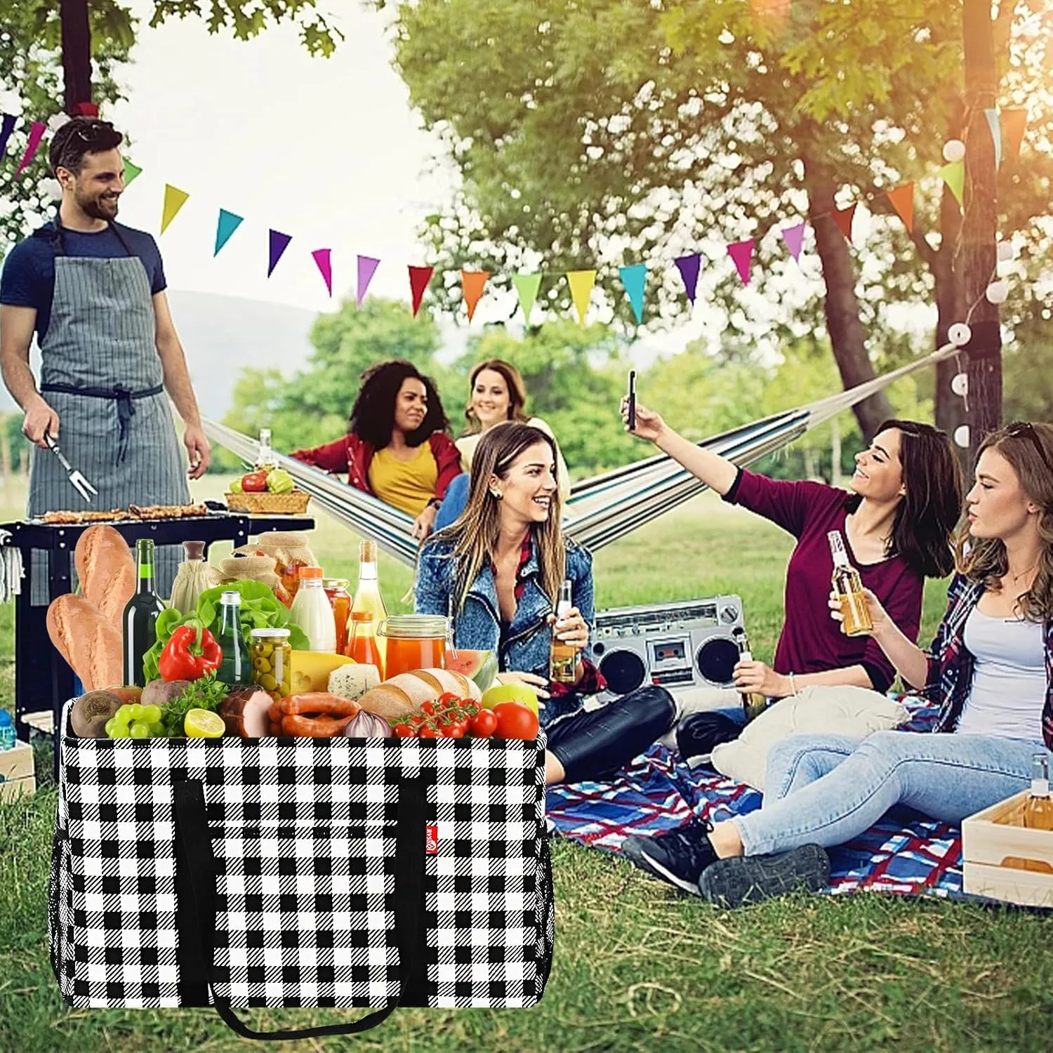 Extra Large Utility Tote Bag, Foldable Reusable Grocery Bags with Metal Wire Frame & Reinforced Bottom Board, Stand up Large Utility Tote for Groceries, Beach Bag, Laundry, Car (Cube Plaid)
