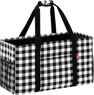 Extra Large Utility Tote Bag, Foldable Reusable Grocery Bags with Metal Wire Frame & Reinforced Bottom Board, Stand up Large Utility Tote for Groceries, Beach Bag, Laundry, Car (Cube Plaid)