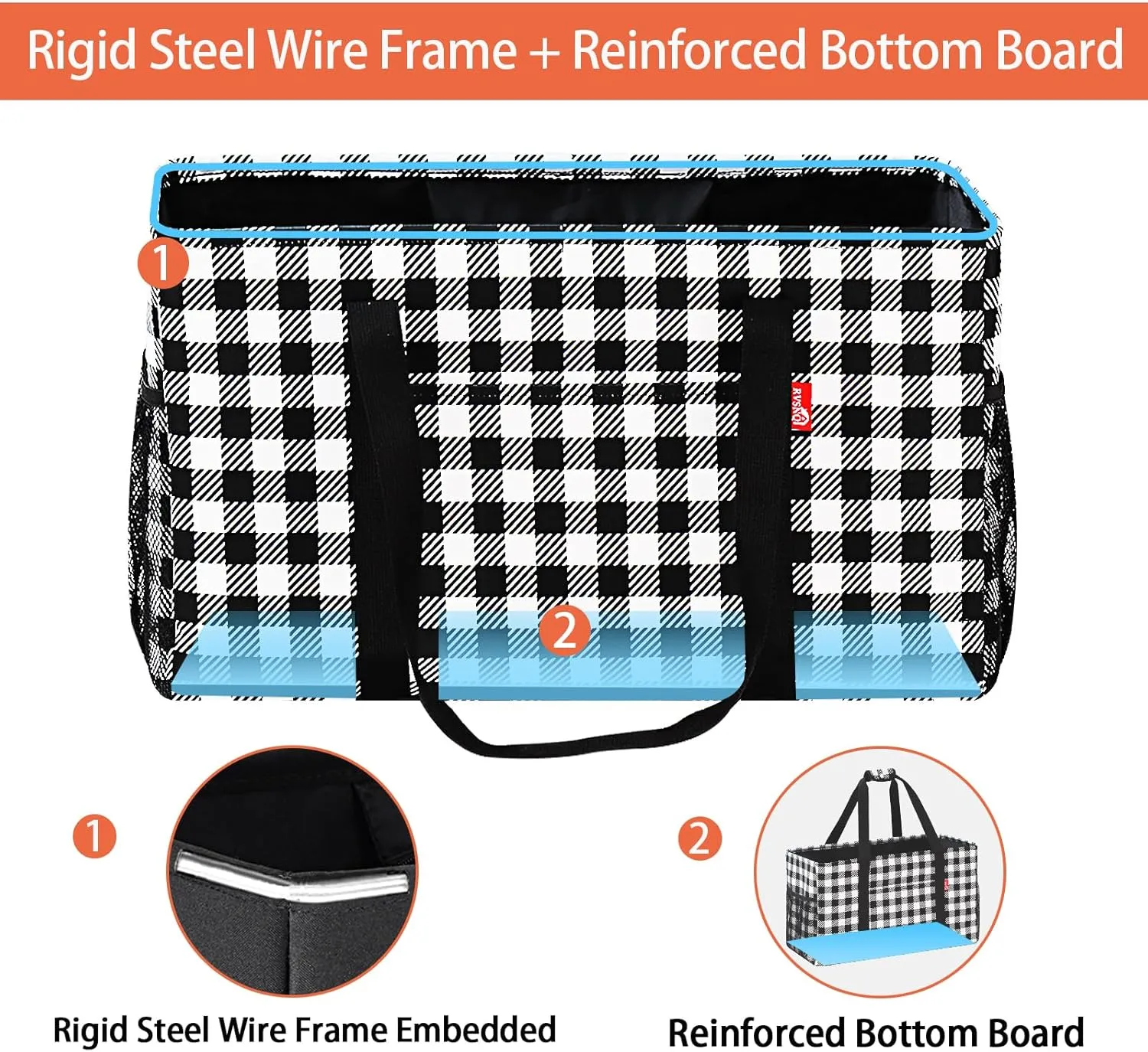 Extra Large Utility Tote Bag, Foldable Reusable Grocery Bags with Metal Wire Frame & Reinforced Bottom Board, Stand up Large Utility Tote for Groceries, Beach Bag, Laundry, Car (Cube Plaid)