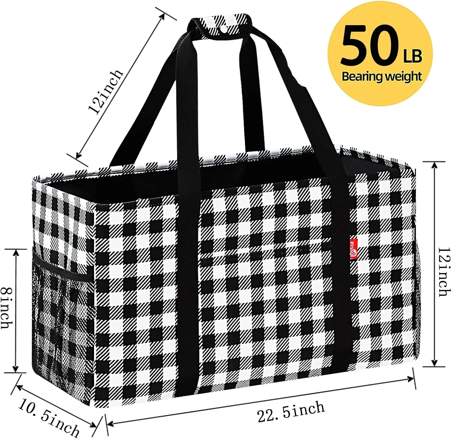 Extra Large Utility Tote Bag, Foldable Reusable Grocery Bags with Metal Wire Frame & Reinforced Bottom Board, Stand up Large Utility Tote for Groceries, Beach Bag, Laundry, Car (Cube Plaid)