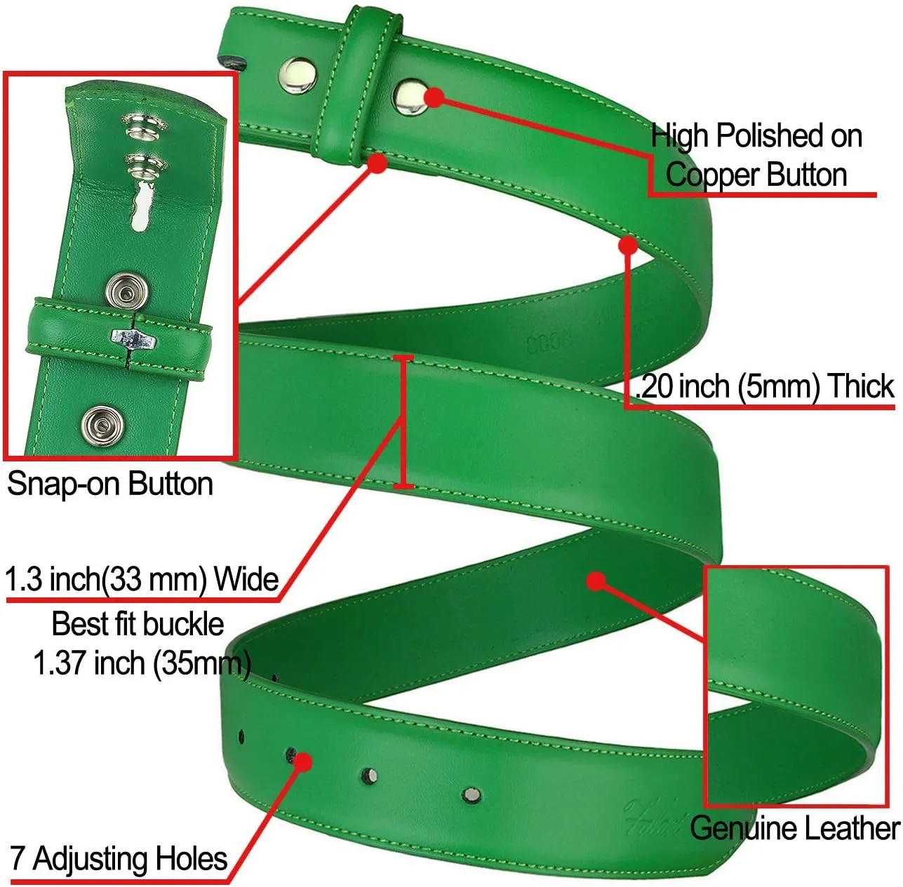 Falari Replacement Genuine Leather Dress Belt Strap Without Buckle Snap on Strap 33mm fit 35mm Buckle