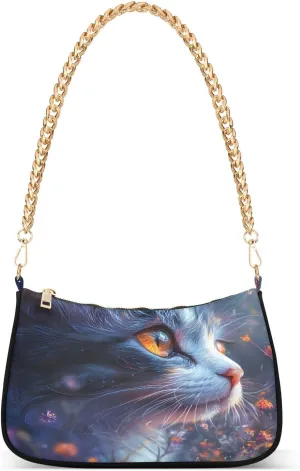 Fantasy Cat Shoulder Handbags for Women Travel Hobo Tote Handbag Women Gold Chain Shoulder Bags Purse with Zipper Closure