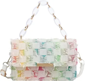 Fashionable Chain Handle Shoulder Bag Korean Elegant Distressed Tassels Handbag Checkered Crossbody Purse for Women