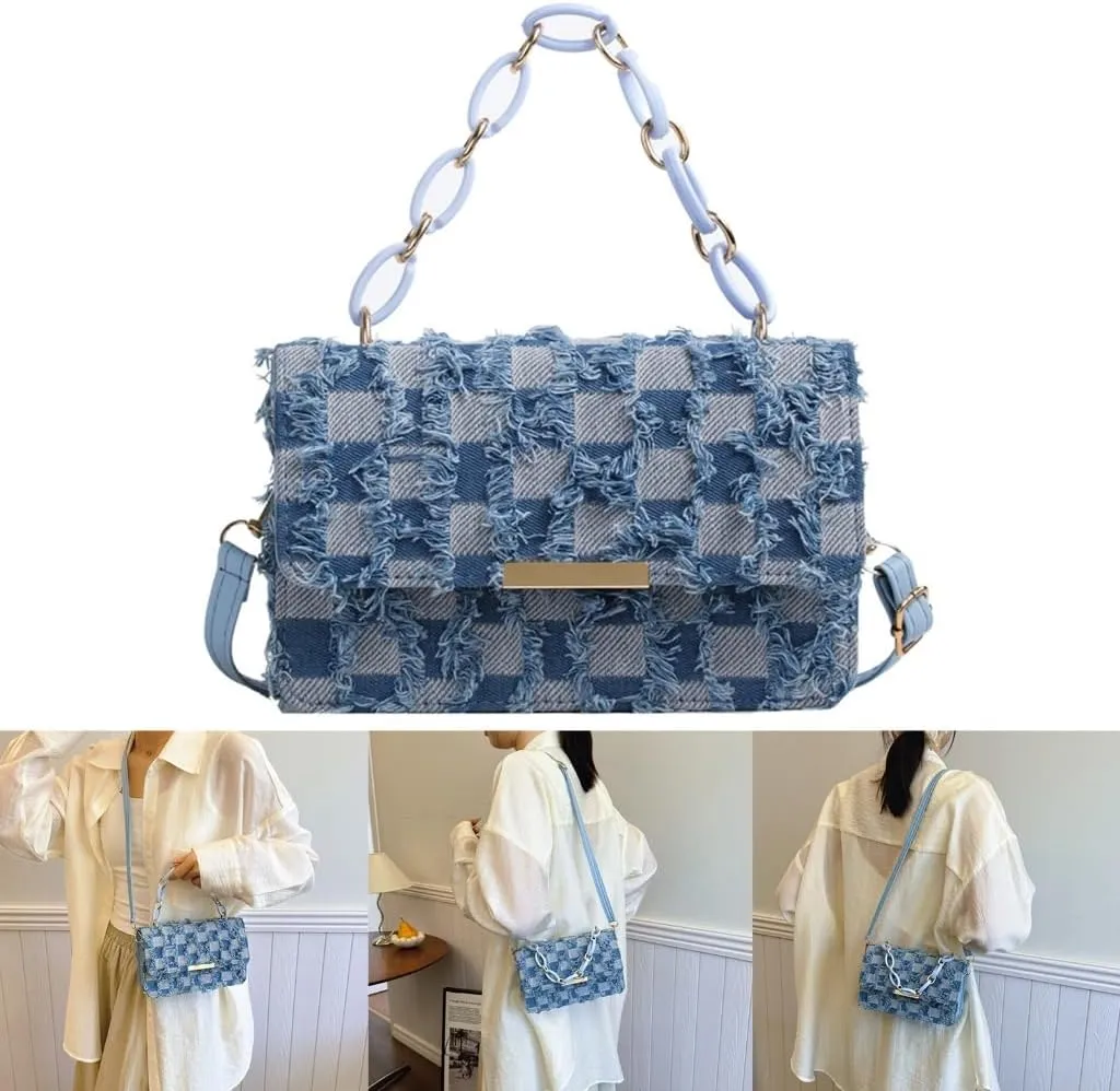Fashionable Chain Handle Shoulder Bag Korean Elegant Distressed Tassels Handbag Checkered Crossbody Purse for Women