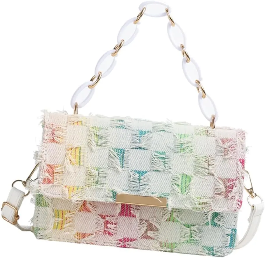 Fashionable Chain Handle Shoulder Bag Korean Elegant Distressed Tassels Handbag Checkered Crossbody Purse for Women
