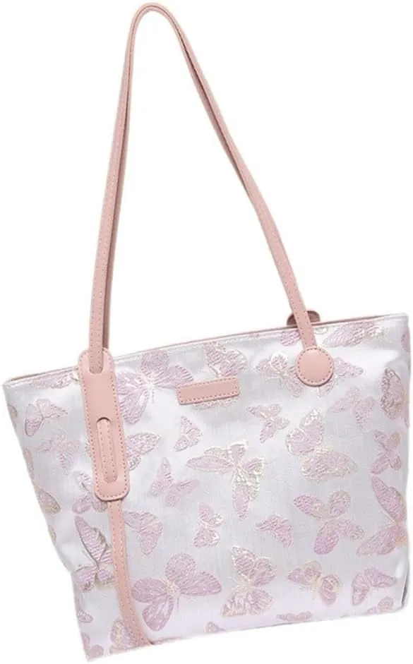 Fashionable Women's Canvas Shoulder Bag with Embroidered Butterfly Top Handle Bags Casual Handbag for Daily Use