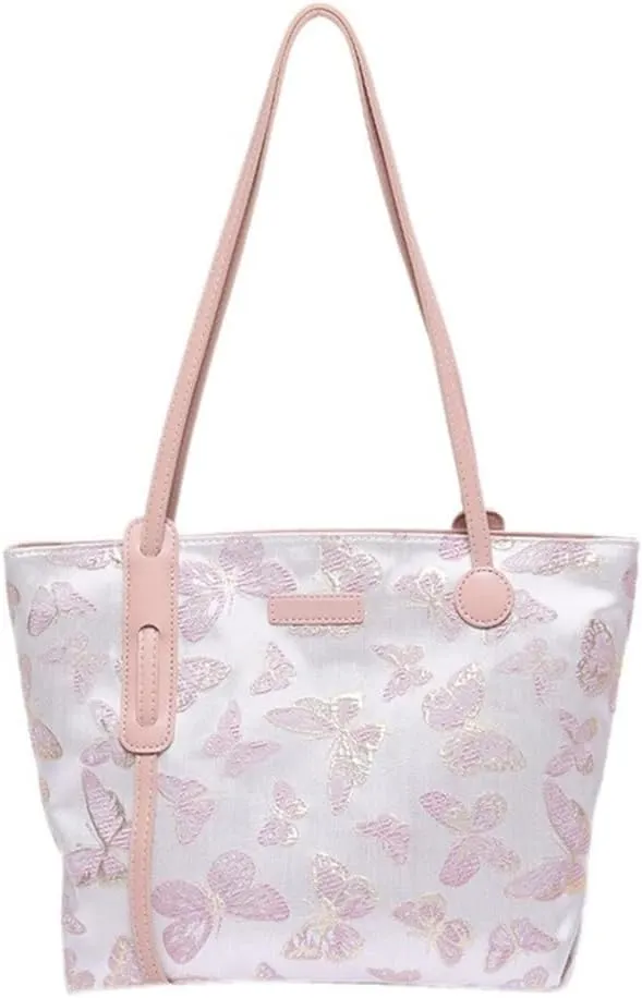 Fashionable Women's Canvas Shoulder Bag with Embroidered Butterfly Top Handle Bags Casual Handbag for Daily Use