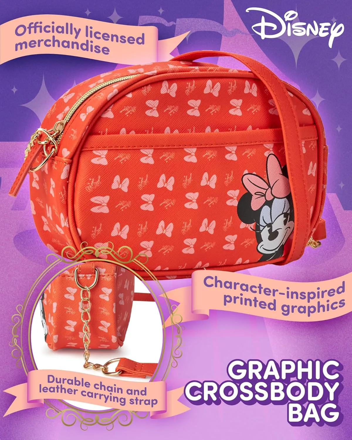 Fast Forward Girls Purse - Hello Kitty, Minnie Mouse, Stitch, Descendants, and Bluey - Cute Girls Bag with Adjustable Strap, Size One Size, Minnie Red Orange