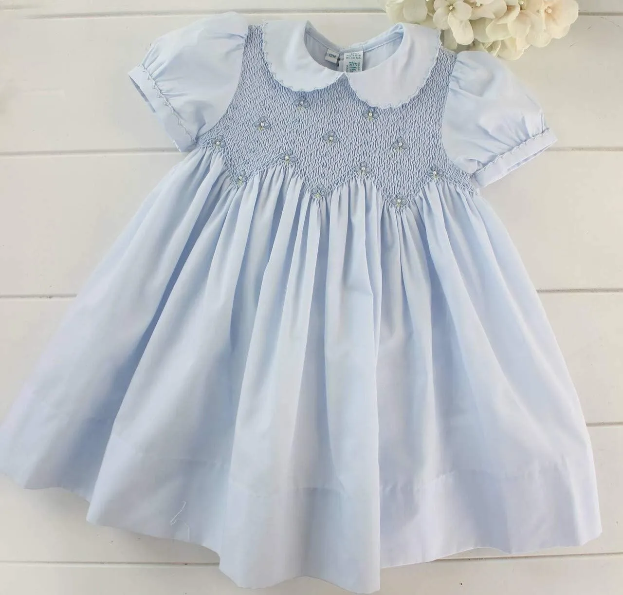 Feltman Brothers Girls Blue Portrait Dress Peter Pan Collar Smocked Bodice