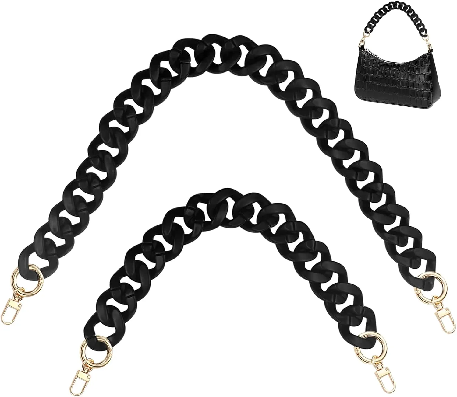 findTop 2 PCS Flat Chain Strap, Black Acrylic Chain Handbag Strap Replacement, DIY Craft (40cm and 60cm)