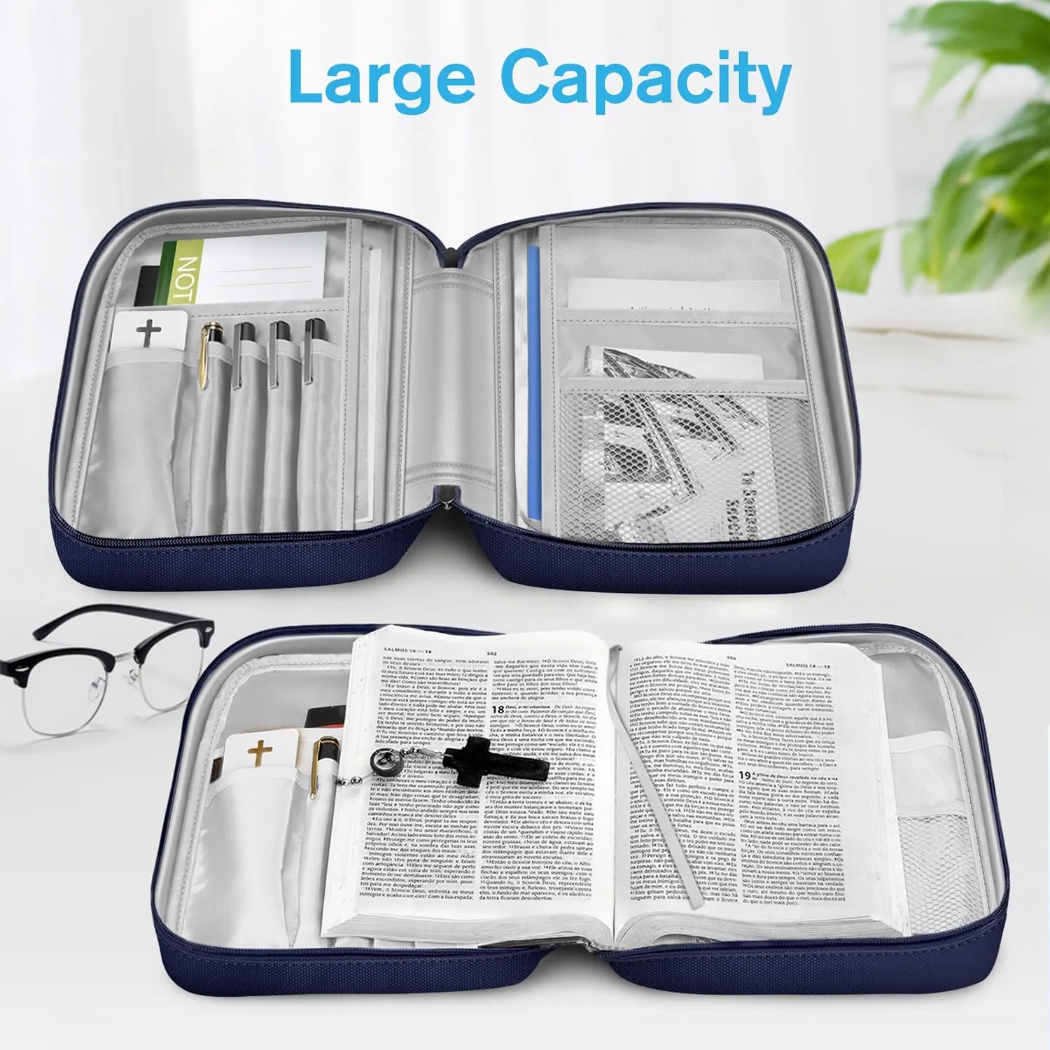 FINPAC Bible Cover, Carrying Book Case Church Bag Bible Protective with Handle and Zippered Pocket, Gift for Mother Lady Women Men, Navy
