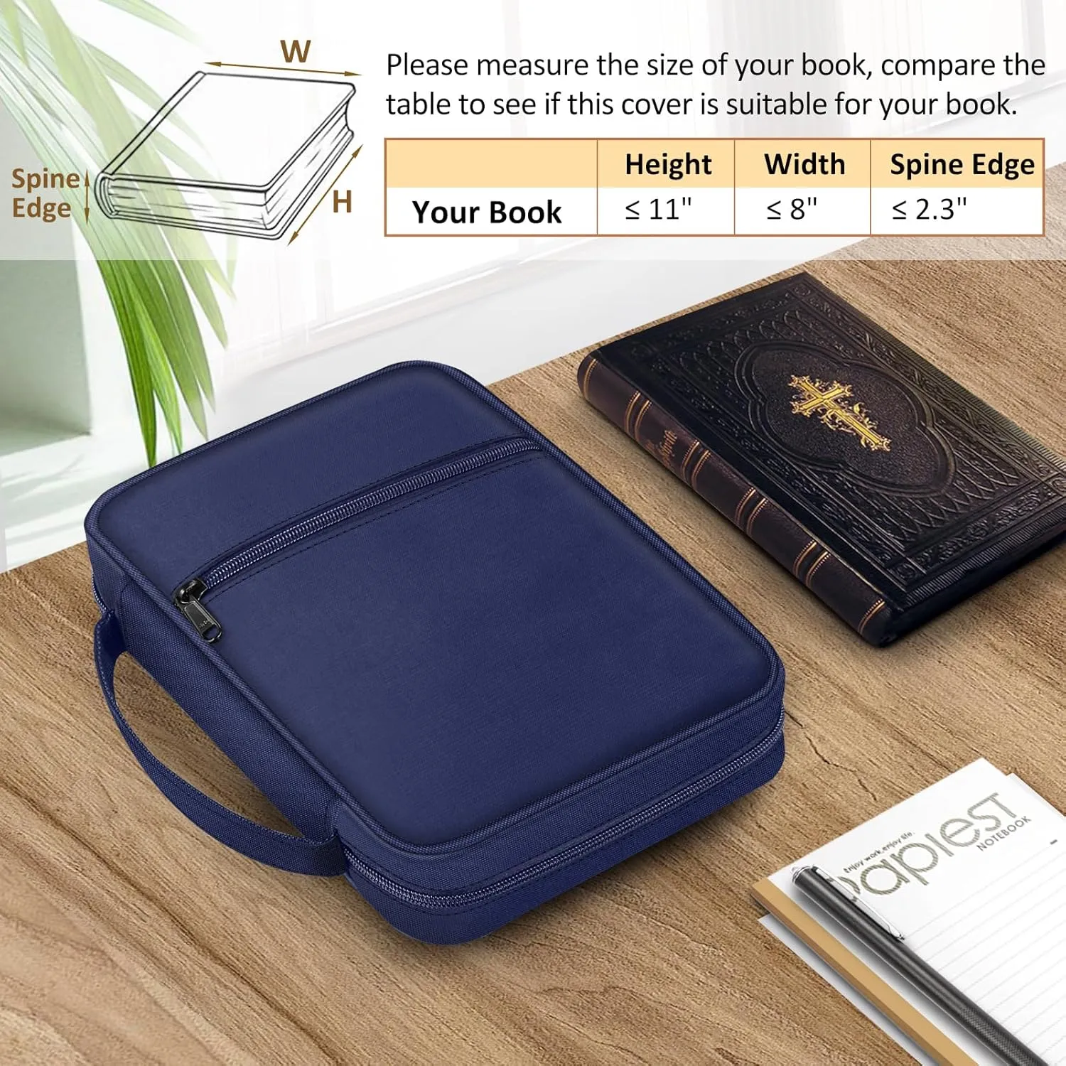 FINPAC Bible Cover, Carrying Book Case Church Bag Bible Protective with Handle and Zippered Pocket, Gift for Mother Lady Women Men, Navy