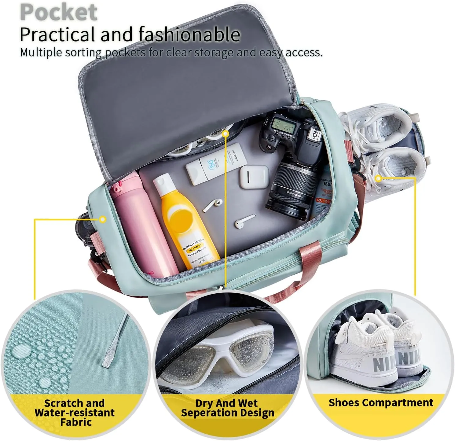 FIORETTO Women's Gym Duffle Bag with Shoes Compartment, 37L Capacity, Ideal for Travel, Gym, Sports, Duffel, Weekender