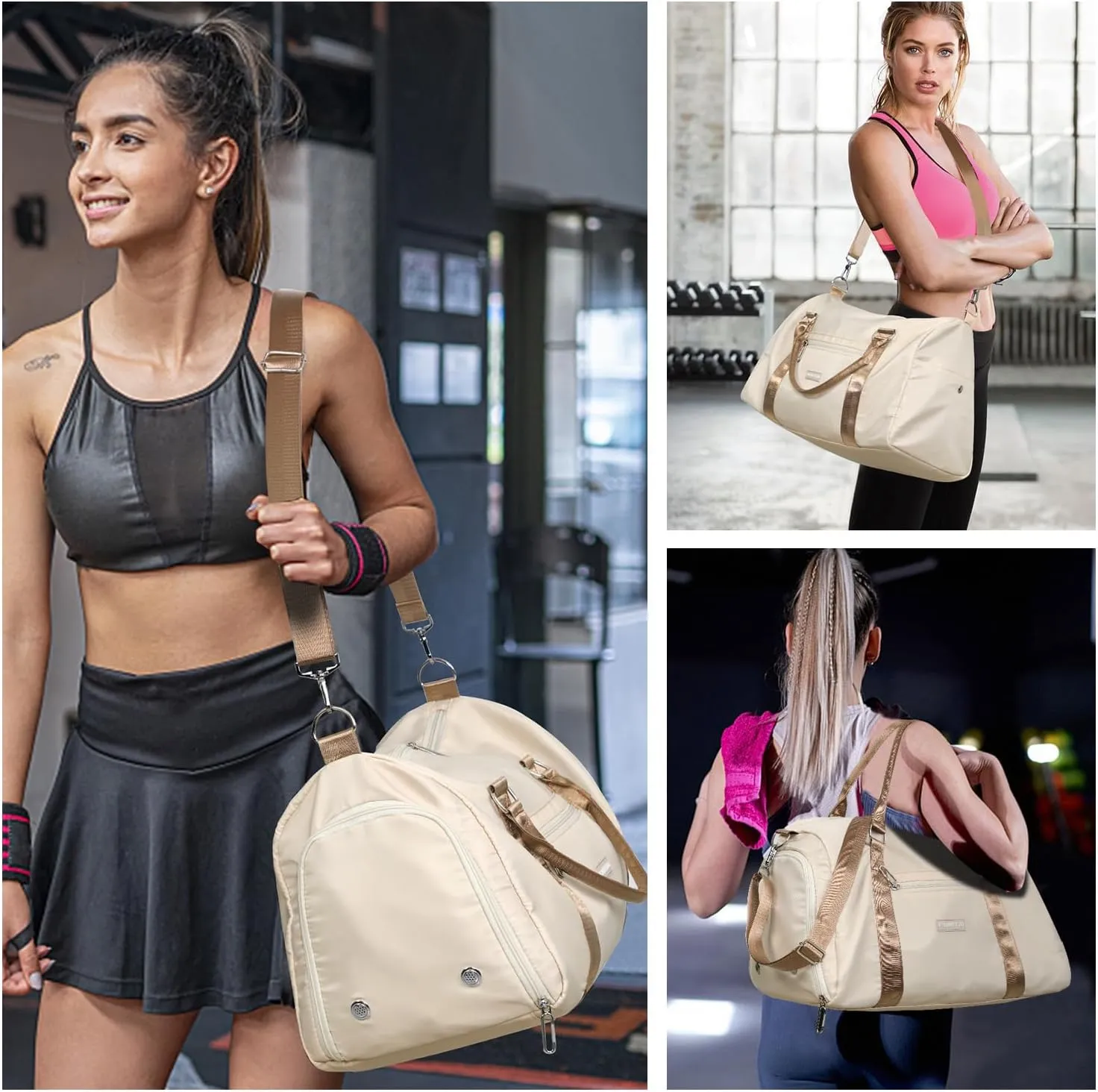 FIORETTO Womens Gym Tote Duffle Bag with Toiletry Bag, Sports Duffel Overnight Hospital Workout Carry on Bag for Girls with Wet Pocket & Shoe Compartment, Ideal for Travel, Swimming, Beige & Brown