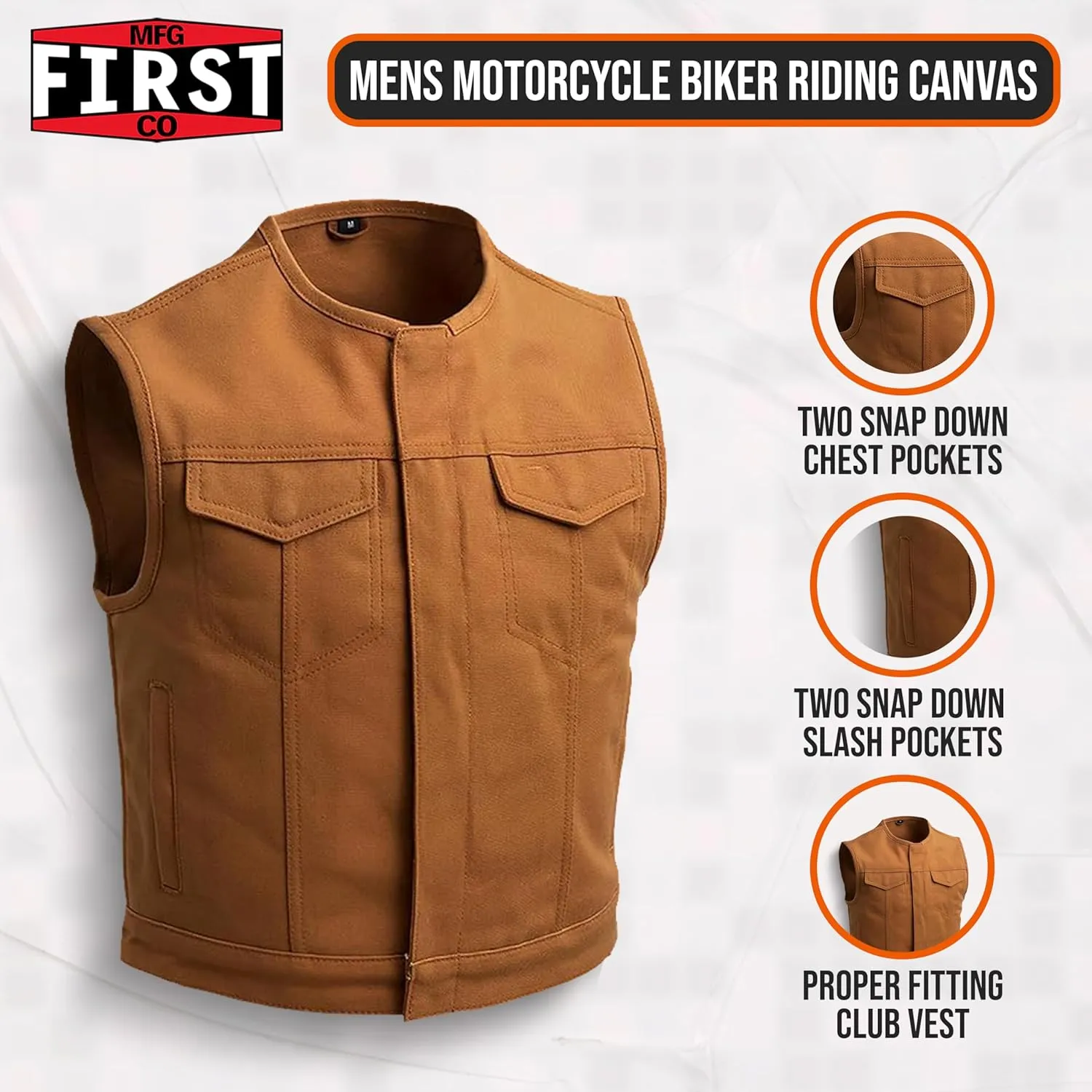 First Mfg Co - Lowside - Mens Motorcycle Biker Riding Canvas, Leather, Twill, Perforated Leather Vest