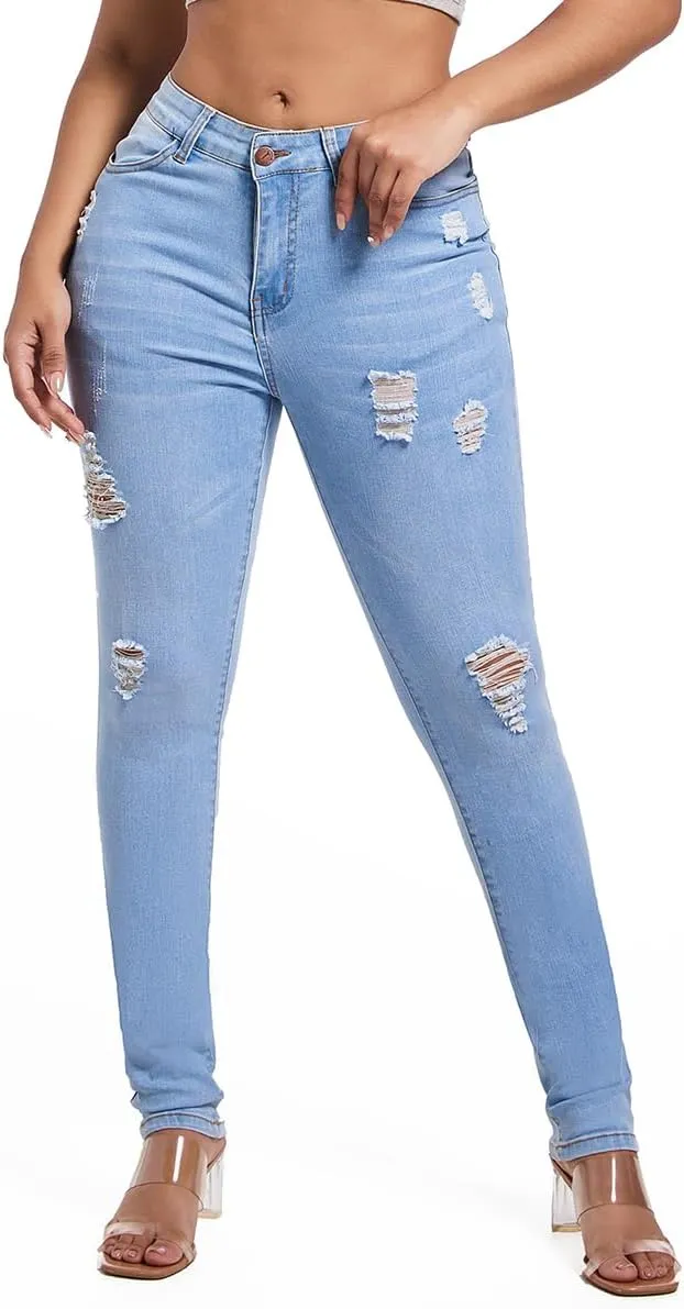 FISCLOSIN Women's Ripped Stretch Mid Waist Jeans Butt Lifting Distressed Skinny Denim Pants