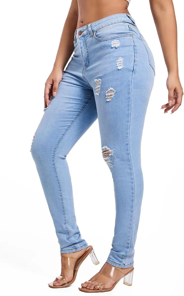 FISCLOSIN Women's Ripped Stretch Mid Waist Jeans Butt Lifting Distressed Skinny Denim Pants