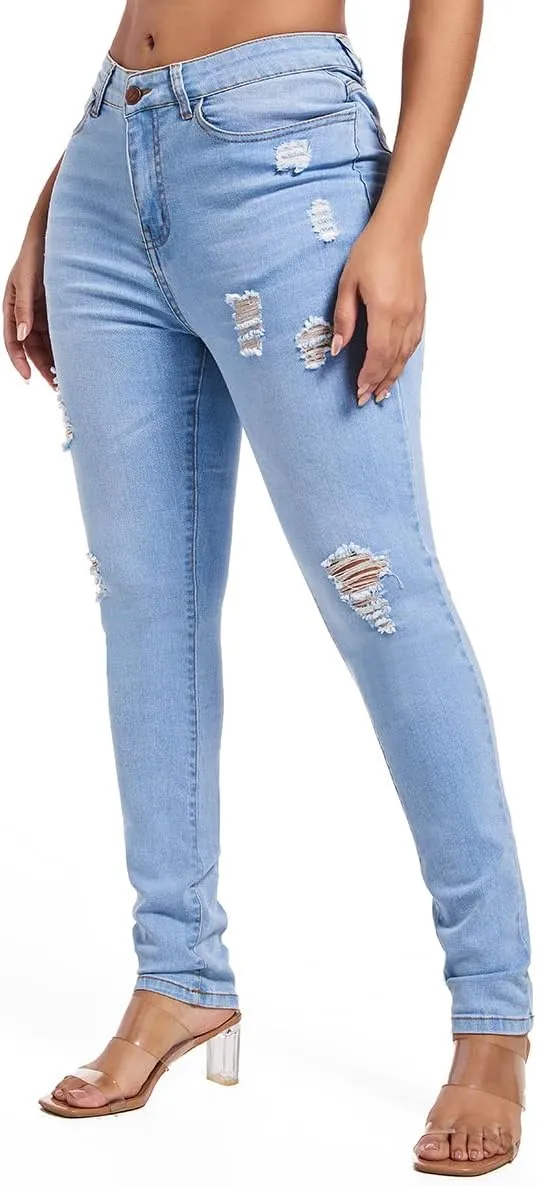 FISCLOSIN Women's Ripped Stretch Mid Waist Jeans Butt Lifting Distressed Skinny Denim Pants