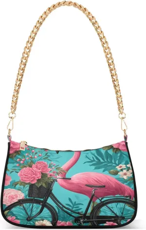 Flamingo Romantic Flowers Shoulder Handbags for Women Travel Hobo Tote Handbag Women Gold Chain Shoulder Bags Purse with Zipper Closure