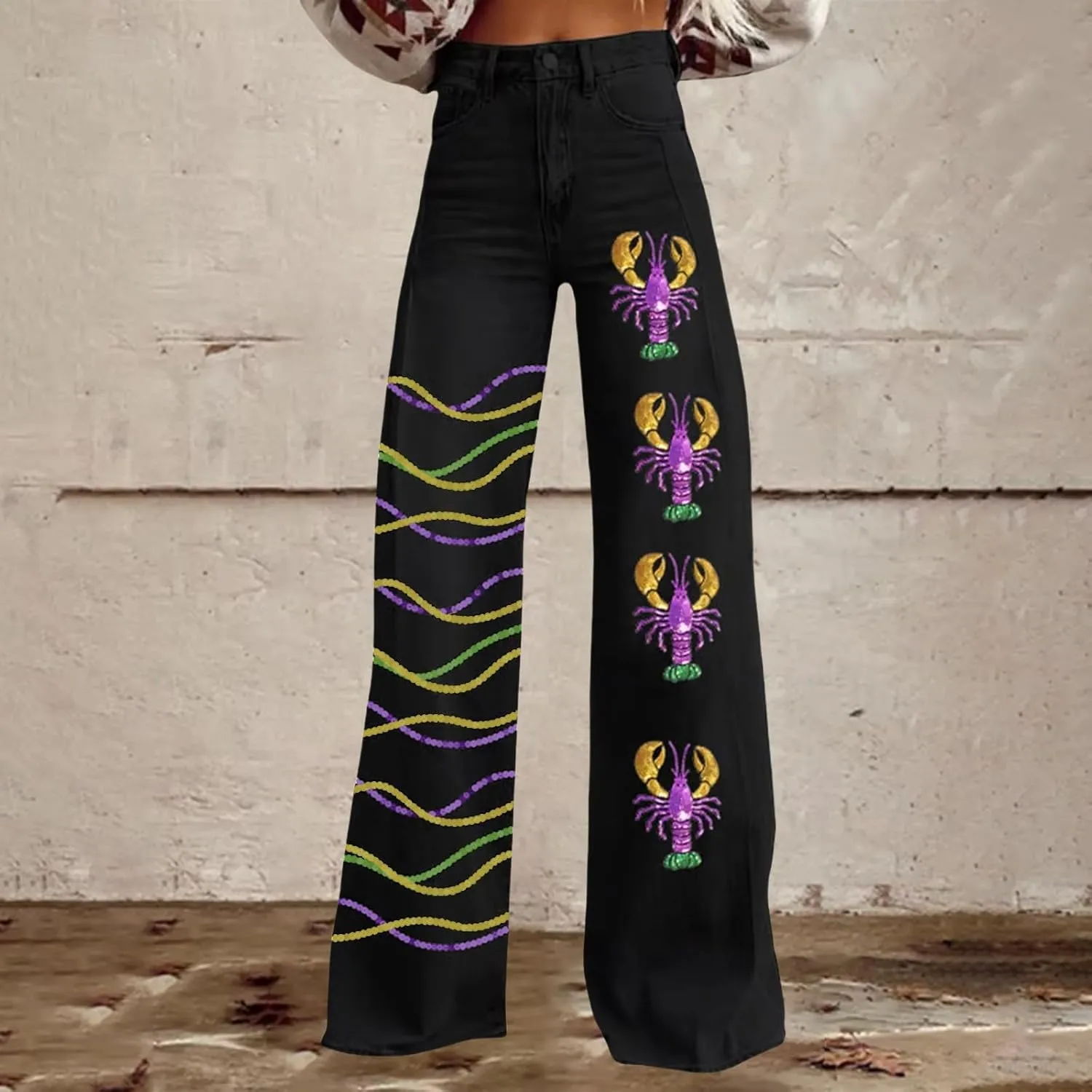 Flare Jeans for Women 2025 Wide Leg Baggy Pant Vintage Floral Print High Waisted Straight Stretch Pants with Pockets