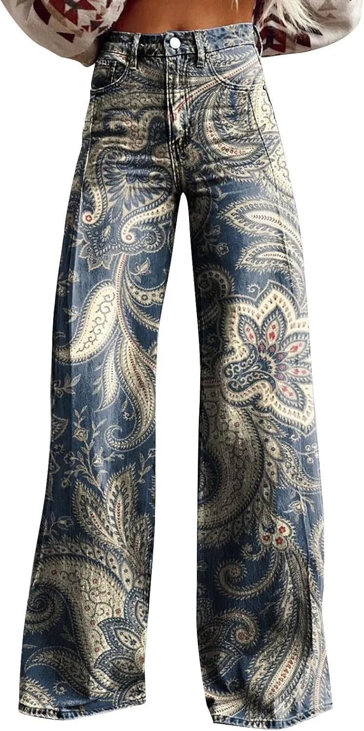 Flare Jeans for Women Flower Print Cute Trendy Wide Leg Baggy Pants High Waisted Flared Denim Trouser Vintage Jeans