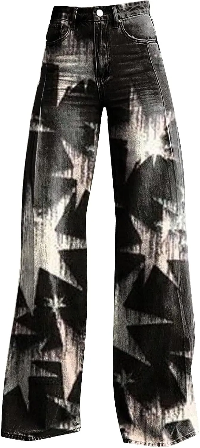 Flare Jeans for Women Wide Leg Baggy Pants Vintage Floral Print High Waisted Straight Stretch Pants with Pockets