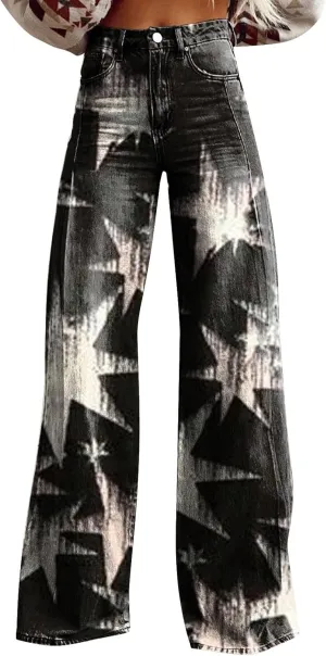 Flare Jeans for Women Wide Leg Baggy Pants Vintage Floral Print High Waisted Straight Stretch Pants with Pockets