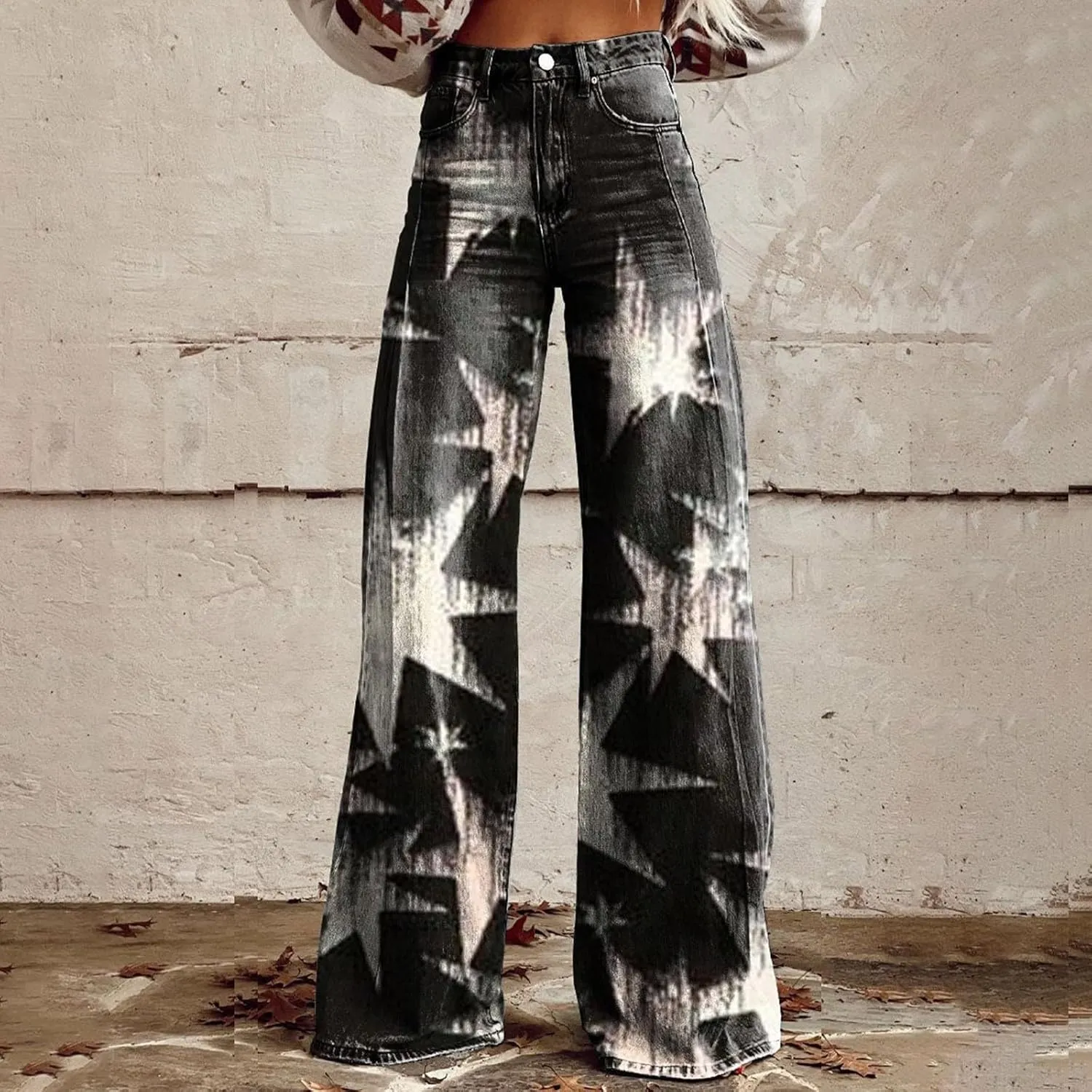 Flare Jeans for Women Wide Leg Baggy Pants Vintage Floral Print High Waisted Straight Stretch Pants with Pockets