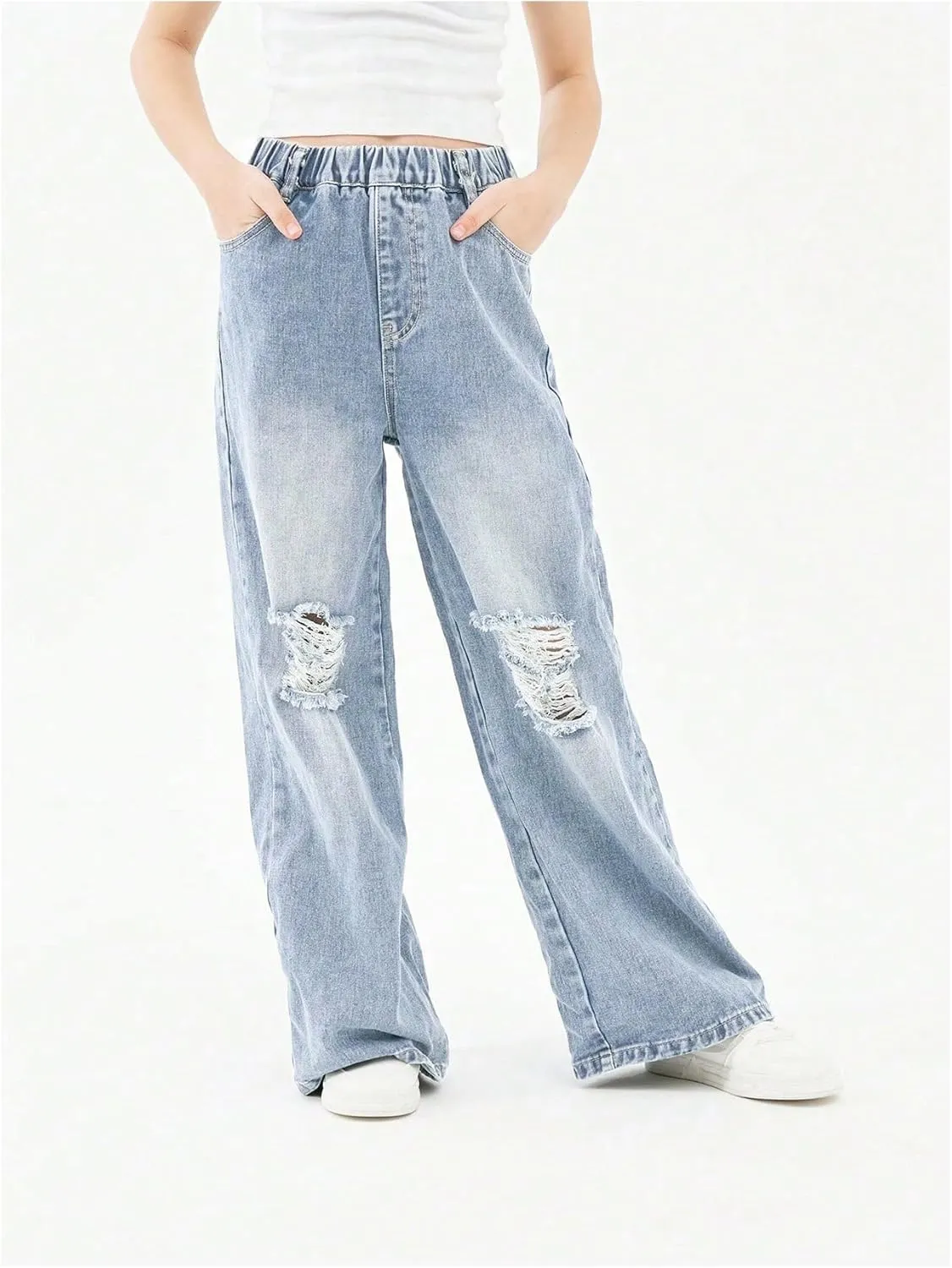 Floerns Girl's Elastic High Waist Ripped Baggy Jeans Wide Leg Distressed Denim Pants