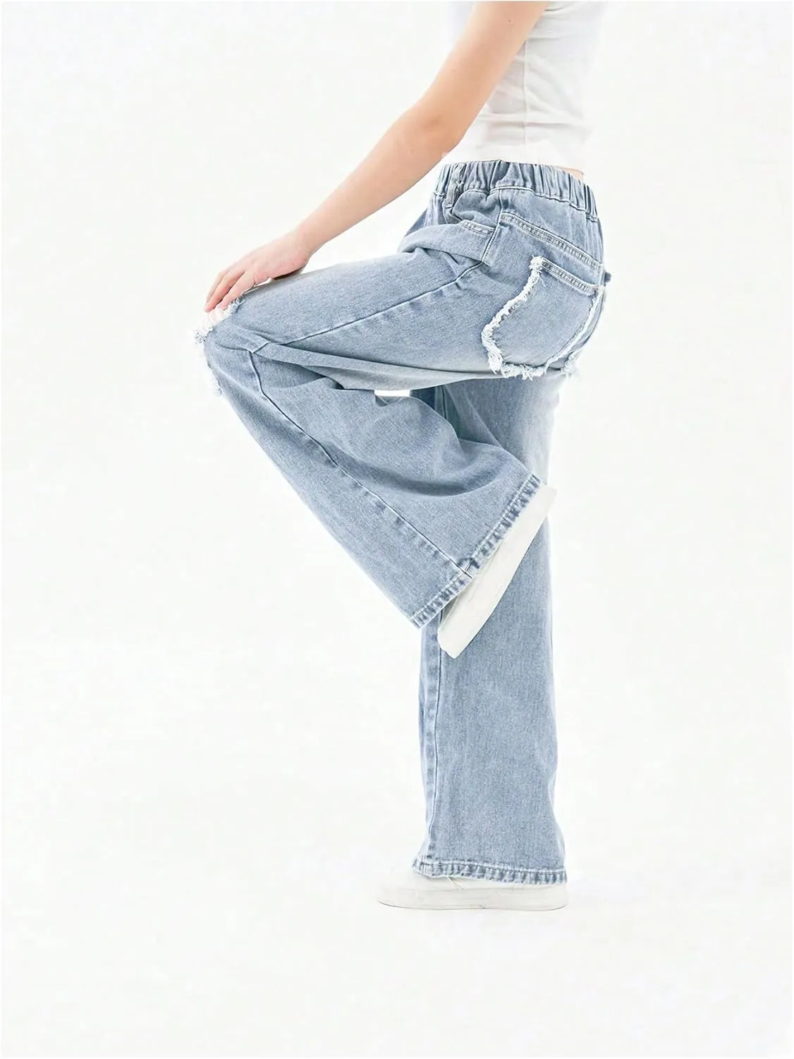 Floerns Girl's Elastic High Waist Ripped Baggy Jeans Wide Leg Distressed Denim Pants