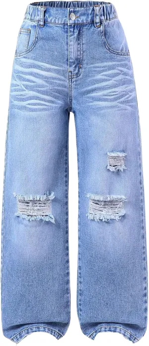 Floerns Girl's Elastic High Waist Ripped Baggy Jeans Wide Leg Distressed Denim Pants