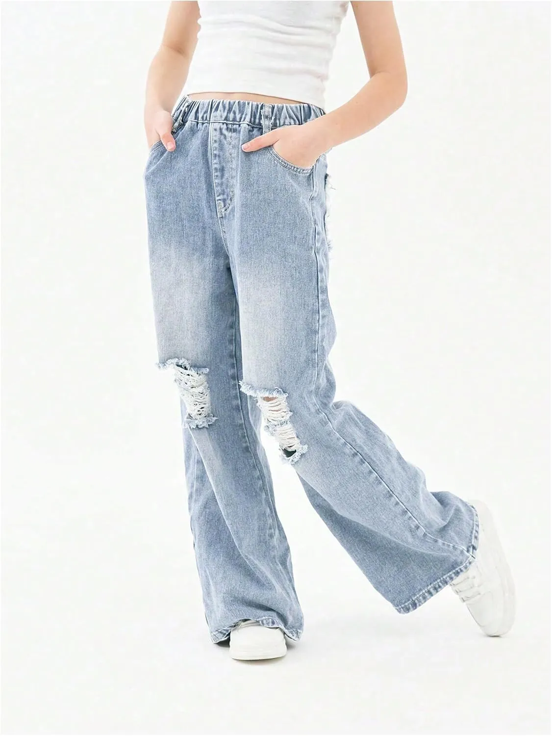 Floerns Girl's Elastic High Waist Ripped Baggy Jeans Wide Leg Distressed Denim Pants