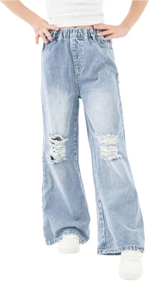 Floerns Girl's Elastic High Waist Ripped Baggy Jeans Wide Leg Distressed Denim Pants