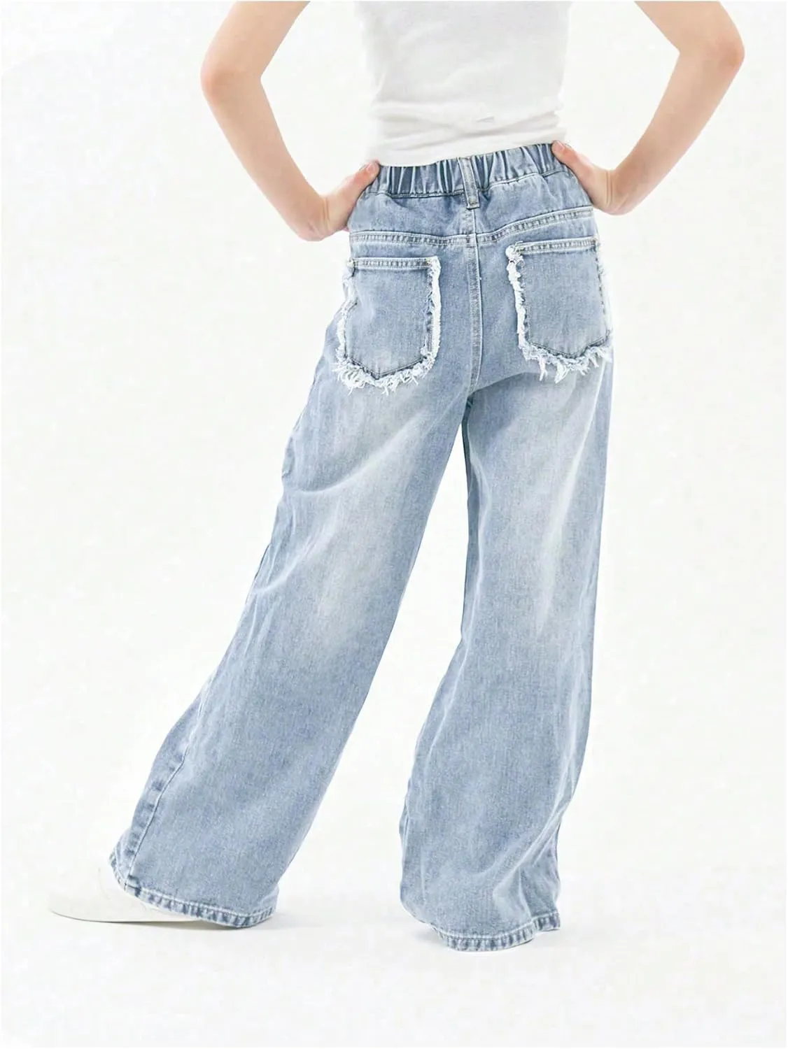 Floerns Girl's Elastic High Waist Ripped Baggy Jeans Wide Leg Distressed Denim Pants