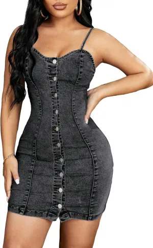 Floerns Women's Adjustable Spaghetti Strap Button Up Mini Denim Bodycon Dress
