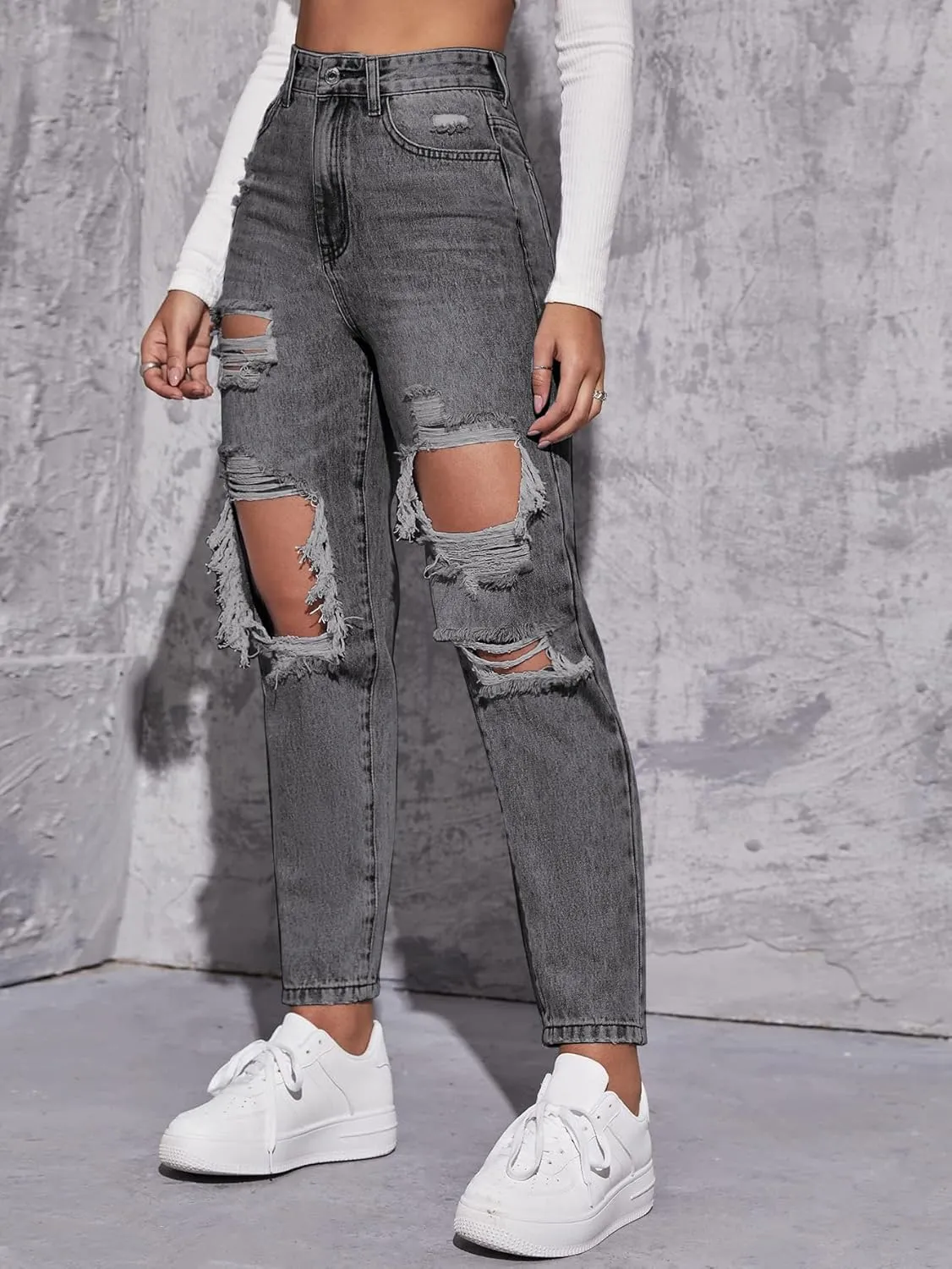 Floerns Women's High Waist Boyfriend Straight Leg Ripped Jeans Distressed Denim Pants Grey
