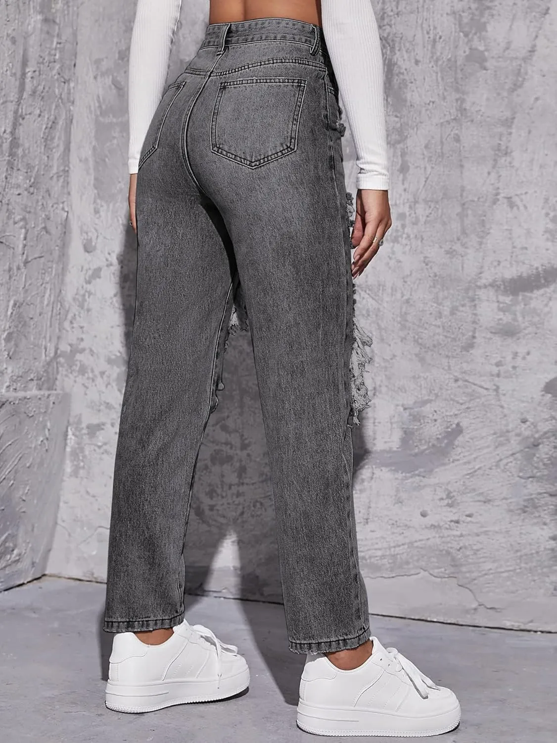 Floerns Women's High Waist Boyfriend Straight Leg Ripped Jeans Distressed Denim Pants Grey