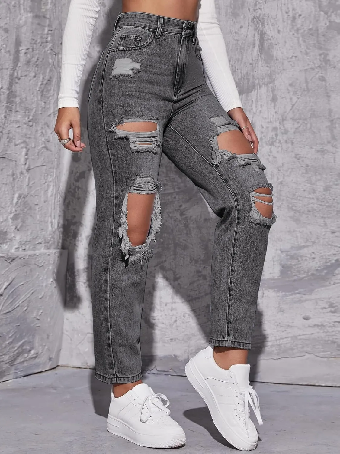 Floerns Women's High Waist Boyfriend Straight Leg Ripped Jeans Distressed Denim Pants Grey