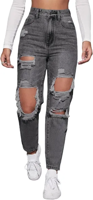 Floerns Women's High Waist Boyfriend Straight Leg Ripped Jeans Distressed Denim Pants Grey