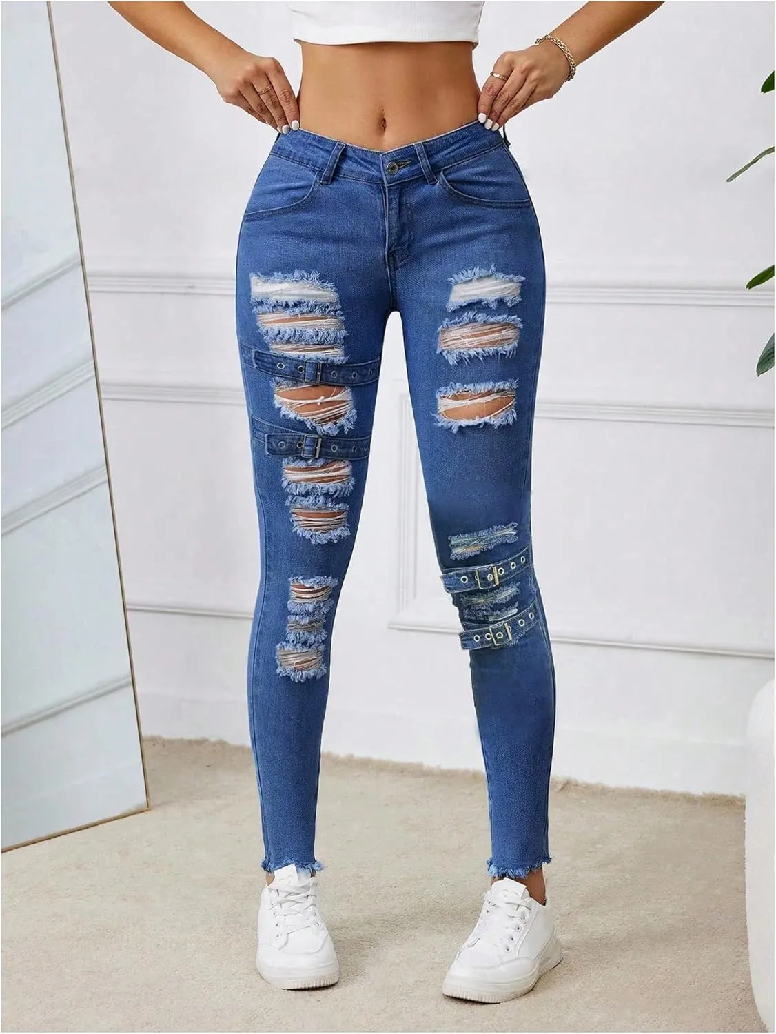 Floerns Women's Ripped Distressed High Waist Jeans Stretch Denim Pants