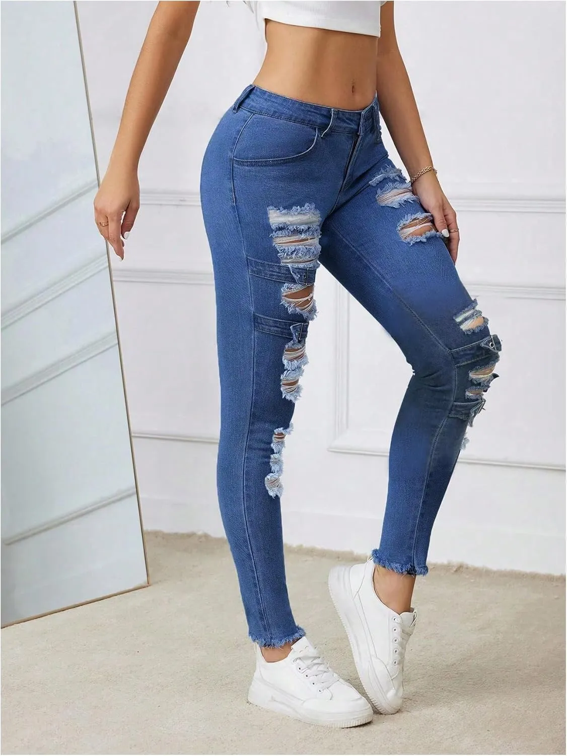 Floerns Women's Ripped Distressed High Waist Jeans Stretch Denim Pants