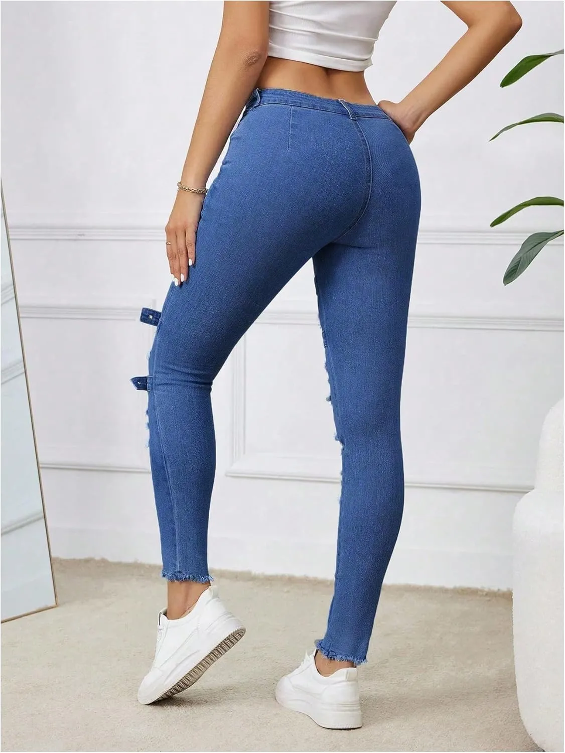 Floerns Women's Ripped Distressed High Waist Jeans Stretch Denim Pants
