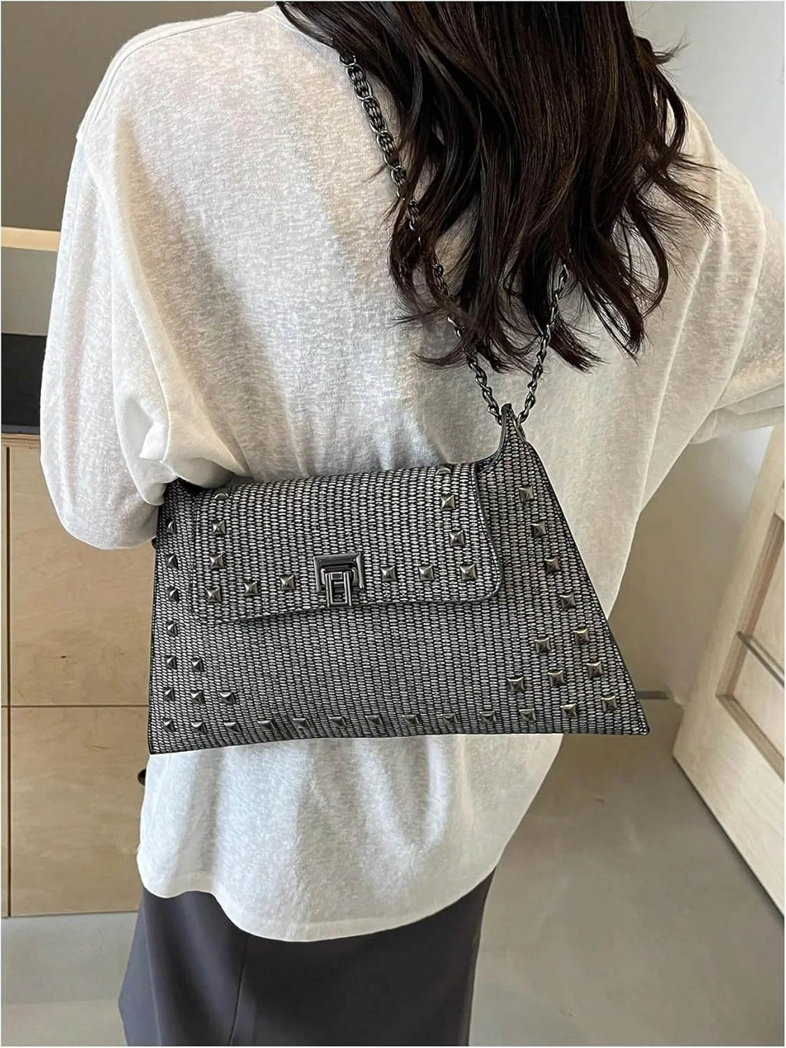 Floerns Women's Rivet Studded Detail Hobo Handle Handbag Twist Lock Flap Shoulder Bag
