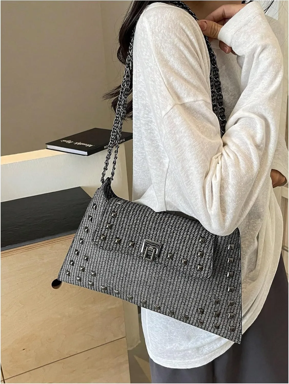 Floerns Women's Rivet Studded Detail Hobo Handle Handbag Twist Lock Flap Shoulder Bag