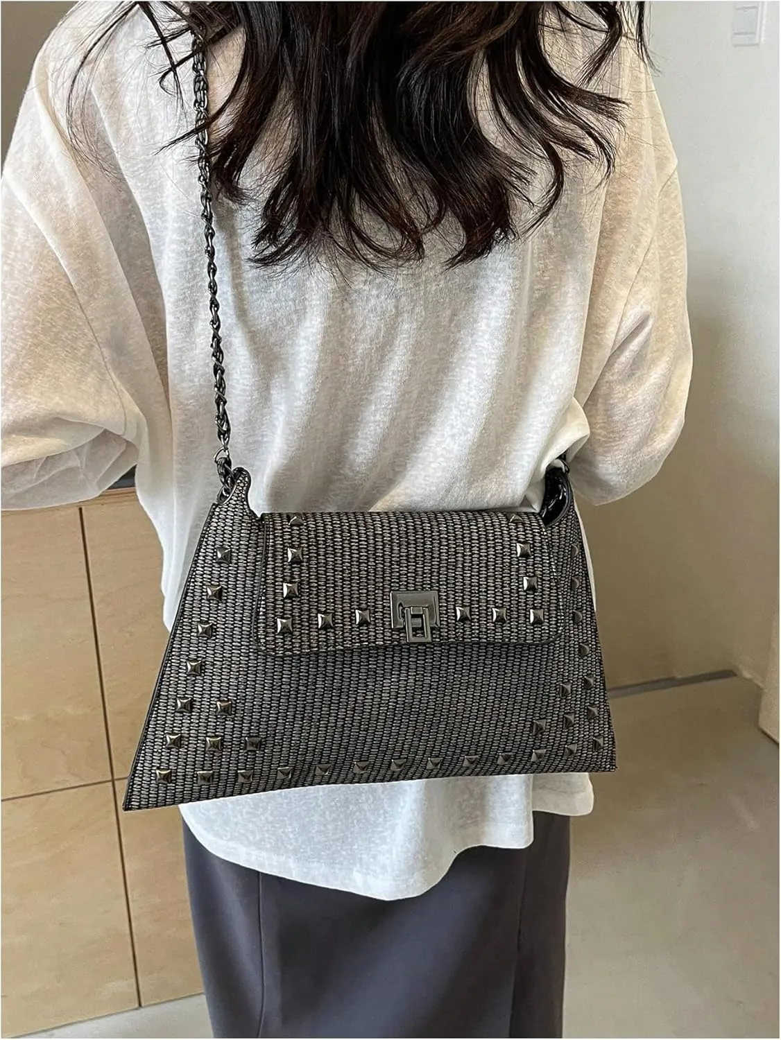 Floerns Women's Rivet Studded Detail Hobo Handle Handbag Twist Lock Flap Shoulder Bag